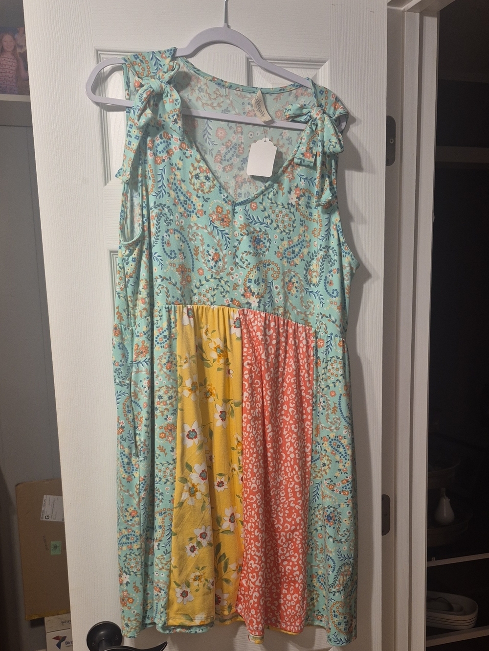 Tie-Shoulder Patchwork Floral Casual Dress in Mint, Yellow & Coral